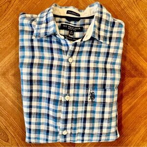 U.S. Polo Assn. Tailored Fit LINEN Men’s M Plaid Blue Button Down Shirt